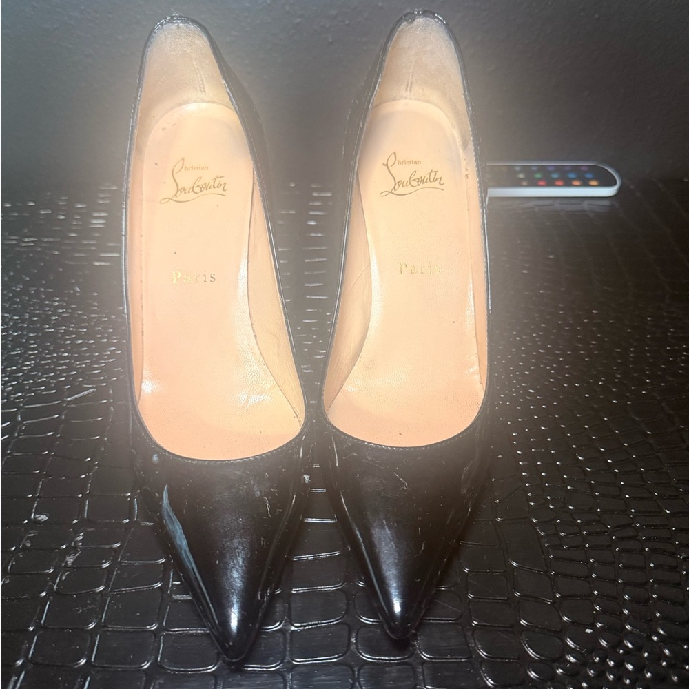 Christian Louboutin Black Patent Pointed Toe Pumps with Red Soles